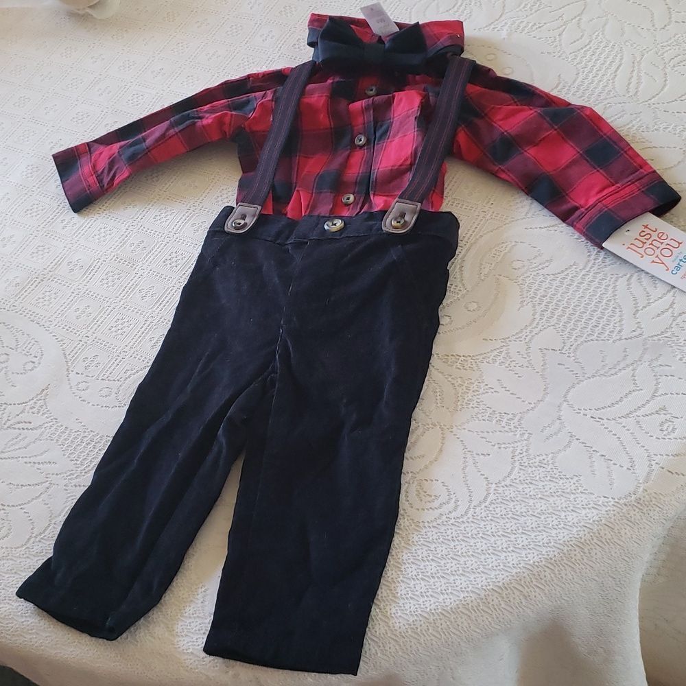 NWT Carter's Infant Outfit - Plaid Shirt Pants Suspenders and Bow Tie Sz 6 Mos